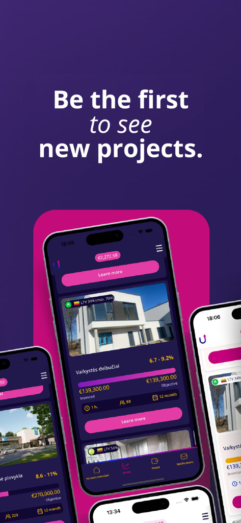 PROFITUS - PROFITUS app interface displaying real estate investment projects with interest rates and project details