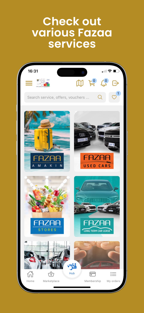 Fazaa - Fazaa mobile app dashboard showing different lifestyle service categories like cars and stores