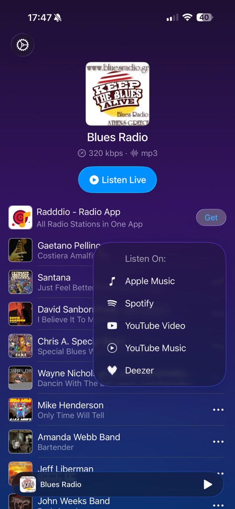 Radio Blues Radio Live Greece - Interface of the Blues Radio app showing a list of played tracks and a pop-up menu with links to Apple Music Spotify and YouTube.