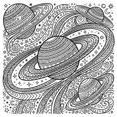 Embark on an interstellar coloring journey with this captivating design featuring intricately patterned planets and their magnificent rings. Discover a universe teeming with swirling cosmic details, ready for your creative touch.