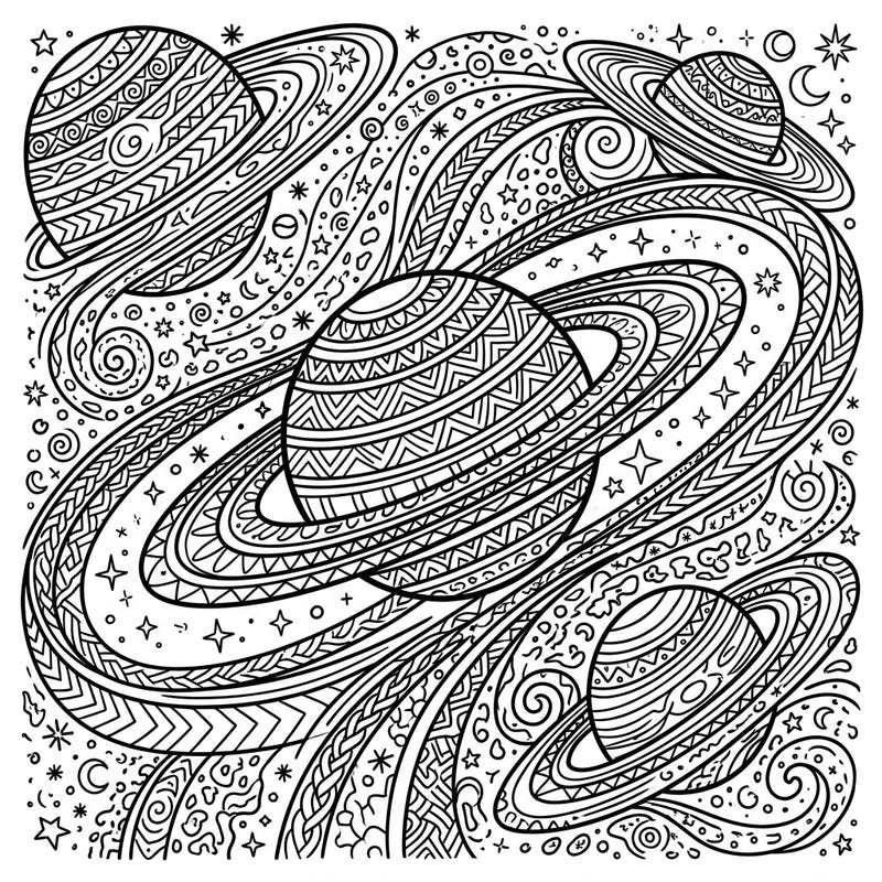 Embark on an interstellar coloring journey with this captivating design featuring intricately patterned planets and their magnificent rings. Discover a universe teeming with swirling cosmic details, ready for your creative touch.