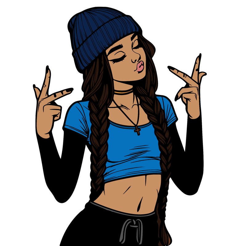 realistic teenage girl with braids and a beanie and crop top doing 🫶🏼