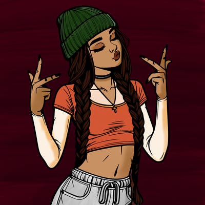 realistic teenage girl with braids and a beanie and crop top doing 🫶🏼