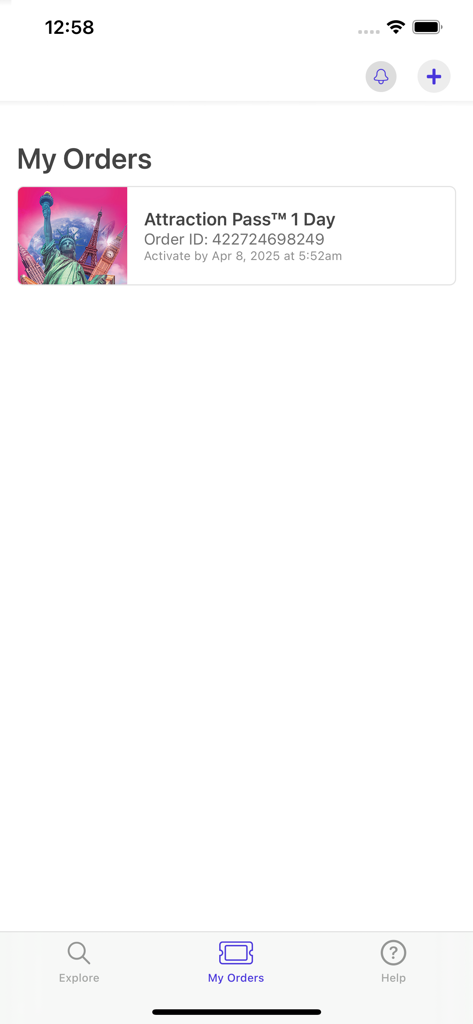 TopView Sightseeing - My Orders screen in the TopView Sightseeing app showing a one day attraction pass