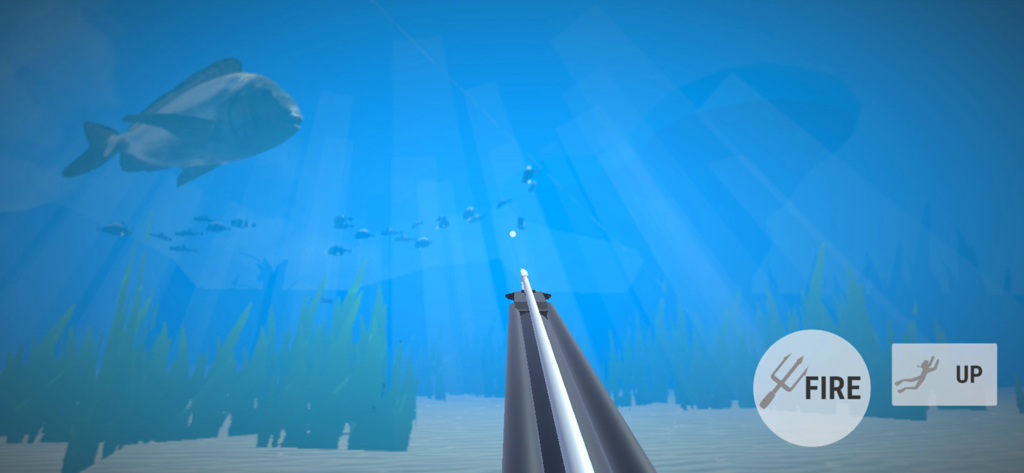 Spearfishing Simulator - First person view of spearfishing underwater with a speargun aiming at fish
