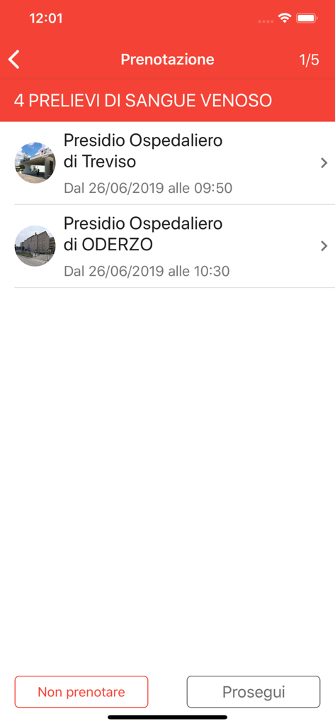 Schermata dell'app mobile che mostra le opzioni di appuntamento medico per esami del sangue presso gli ospedali di Treviso e Oderzo