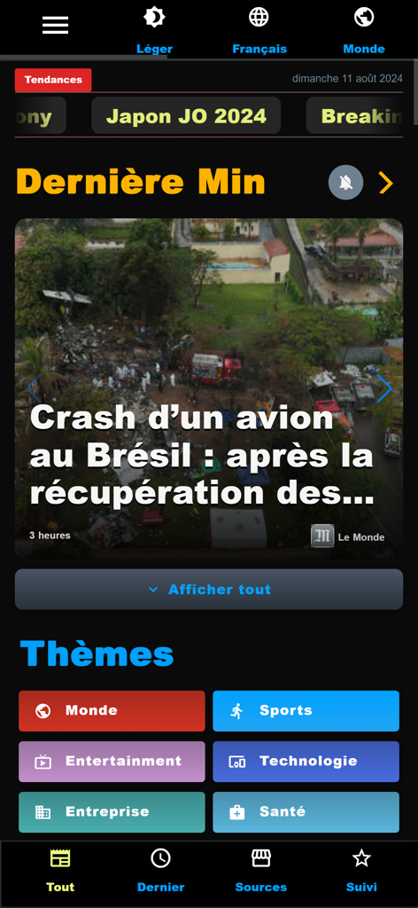 Spark News: Breaking Now - Spark News app interface featuring breaking news stories and category filters like world and sports in French