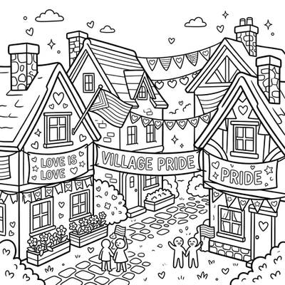 Join the celebration of love and diversity with this joyful Pride Month coloring page featuring quaint village cottages. Decorate every detail, from rainbow flags to festive banners, and bring this heartwarming scene to life.