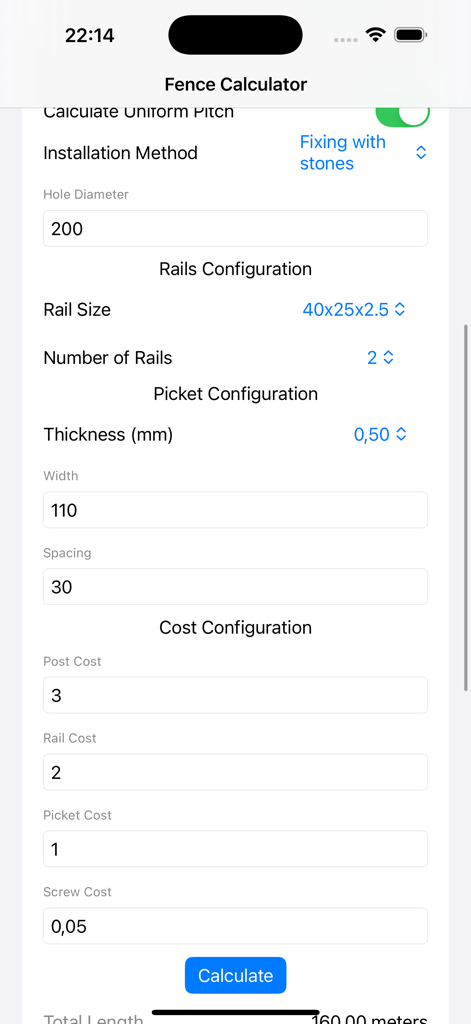 Interface of FencePro app showing picket and rail configuration settings with cost estimation fields