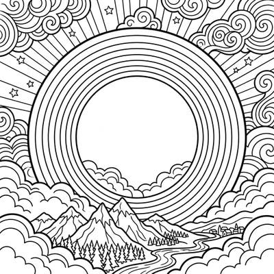 Immerse yourself in the wonder of a full circle rainbow high above a serene landscape. This detailed coloring page invites you to bring vibrant hues to a majestic scene of mountains, rivers, and swirling clouds.