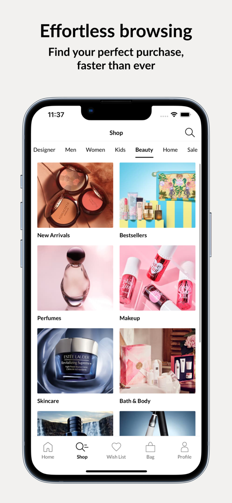 Frasers mobile app interface showing beauty product categories like perfumes makeup and skincare for effortless browsing