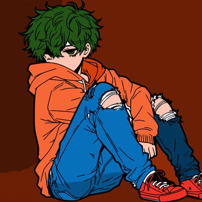 a male hoddie ripped jeans messy hair anime