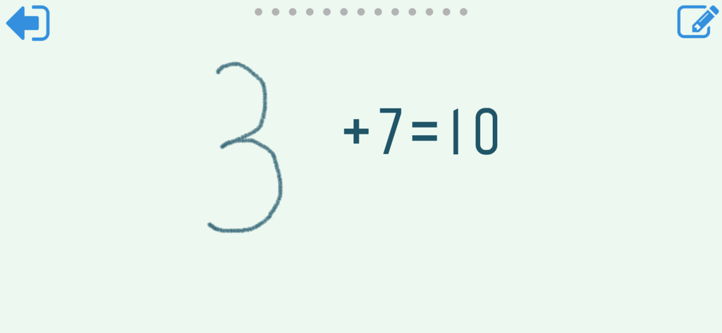 손으로 쓴 숫자 3이 있는 3 더하기 7은 10이라는 수학 문제