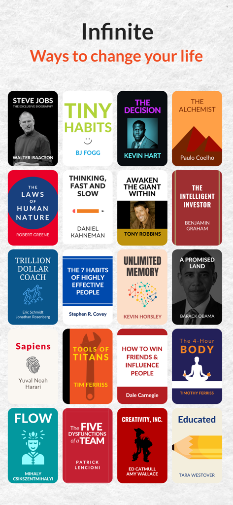 StoryShots: Book Summaries - A grid of popular non-fiction book covers including bestsellers like Sapiens and Steve Jobs biography
