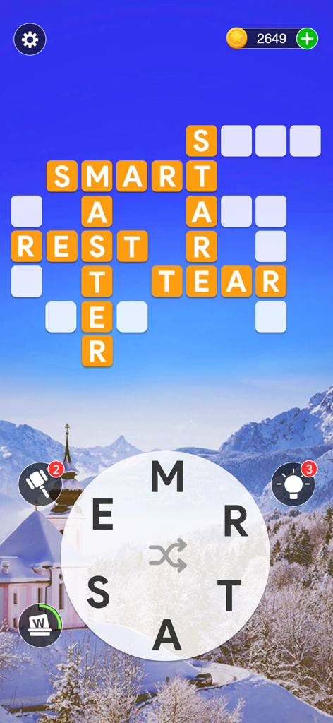 Kreuzworträtsel-Gameplay mit Wörtern auf einem winterlichen Landschaftshintergrund