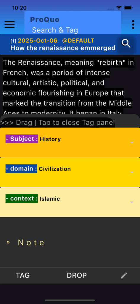 treillint.proquo3 - Interface do aplicativo Proquo mostrando uma resposta de IA sobre o Renascimento categorizada por tags de assunto, domínio e contexto.