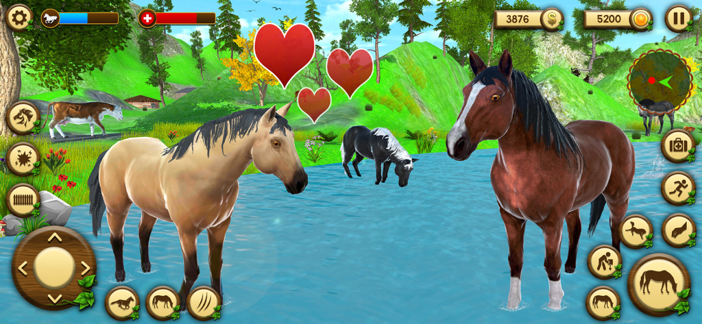 Wild Horses Game: Horse Sim 3D - Two horses standing in water with heart icons representing the breeding mechanic in a 3D horse simulator game