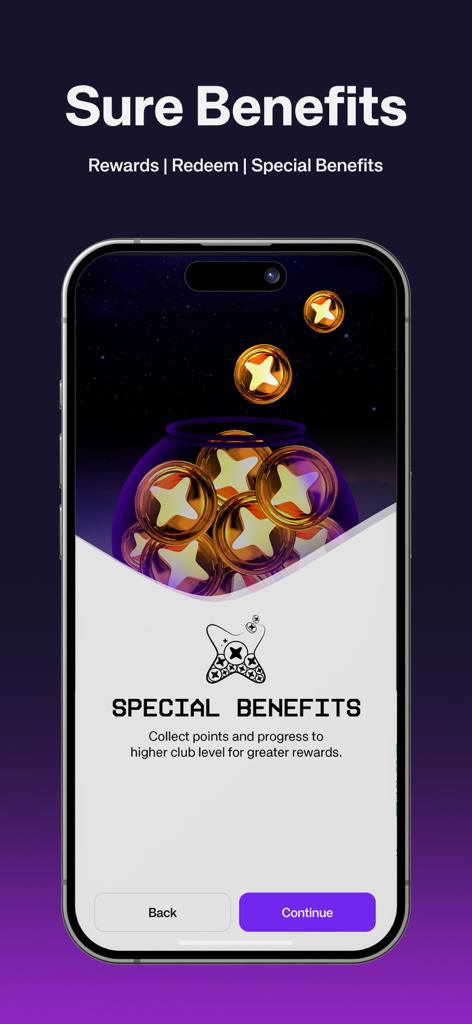 Sure Benefits - Sure Benefits app screen on a mobile device showing golden reward coins and information about special club level benefits