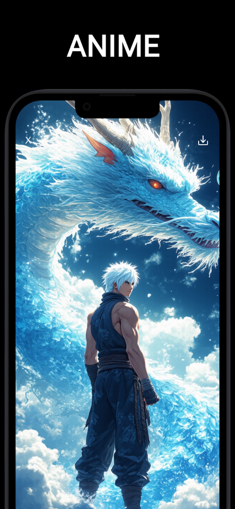 King AI: AI Video Creator - A screenshot of King AI app demonstrating an anime style video of a man standing before a giant ice dragon