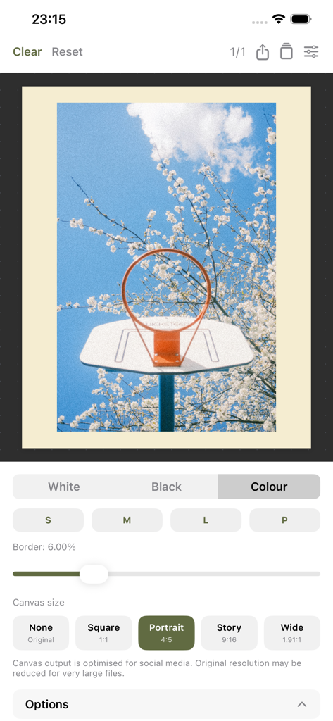 Border Pro - Interface do aplicativo móvel Border Pro mostrando uma foto com borda creme personalizada e tamanho de tela ajustável.