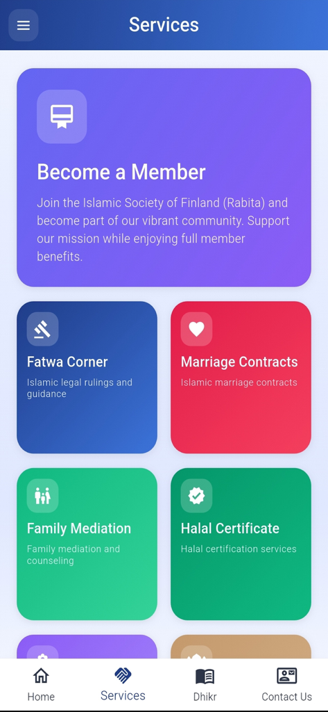 Rabita app Services menu displaying community options like Fatwa Corner, Marriage Contracts, and Halal Certification.