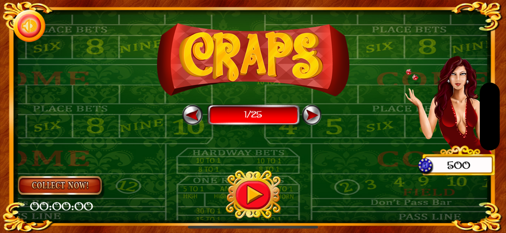 Craps - Casino Betting Game - Tela principal de Craps Casino Betting Game com um layout de mesa verde e uma dealer feminina