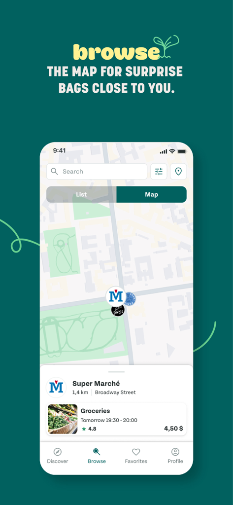 Too Good To Go: End Food Waste - Kartenansicht der Too Good To Go App mit lokalen Überraschungstüten mit überschüssigen Lebensmitteln in einem Supermarkt.