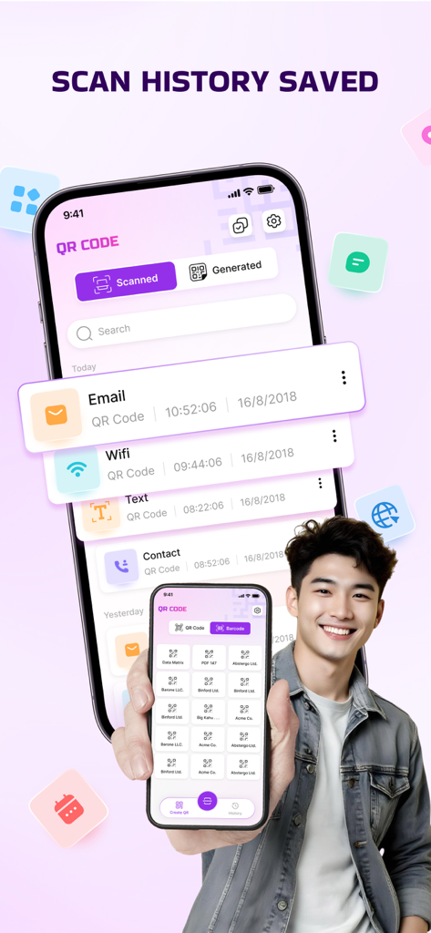 Scan QR Code - Barcode Maker - A mobile phone screenshot showing the saved scan history feature of the Scan QR Code Barcode Maker app