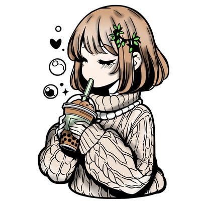 manga girl drinking boba in cozy sweater