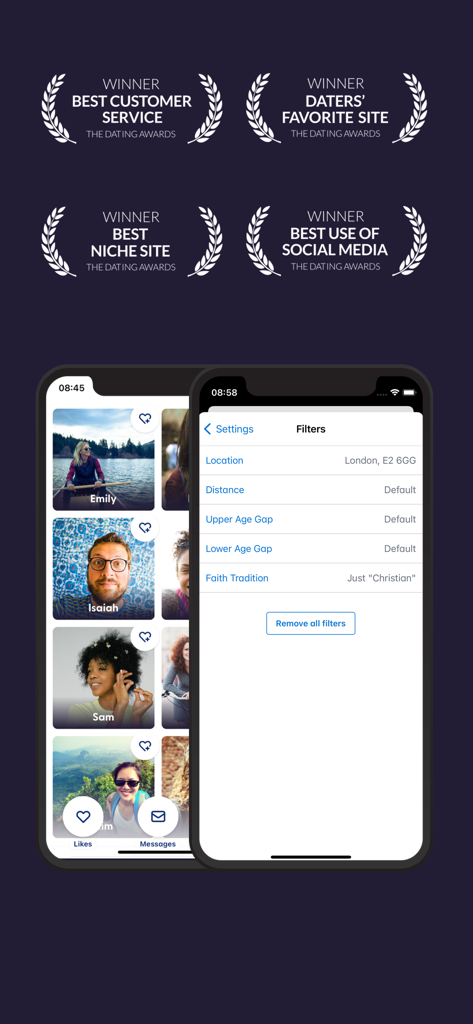 Christian Dating Connection app interface showing award wins and search filters