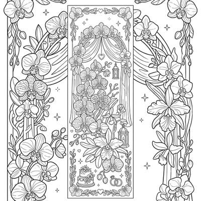 Immerse yourself in romance with this beautiful Orchid Wedding Bookmark coloring page. Adorned with delicate orchids, wedding rings, and a charming cake, it's perfect for celebrating special moments.