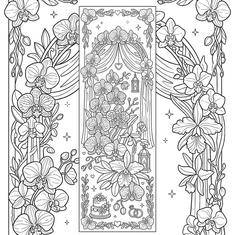 Immerse yourself in romance with this beautiful Orchid Wedding Bookmark coloring page. Adorned with delicate orchids, wedding rings, and a charming cake, it's perfect for celebrating special moments.