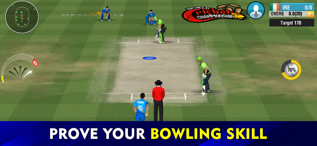 Bowling gameplay perspective in World Cricket Championship 2 showing the pitch and fielders
