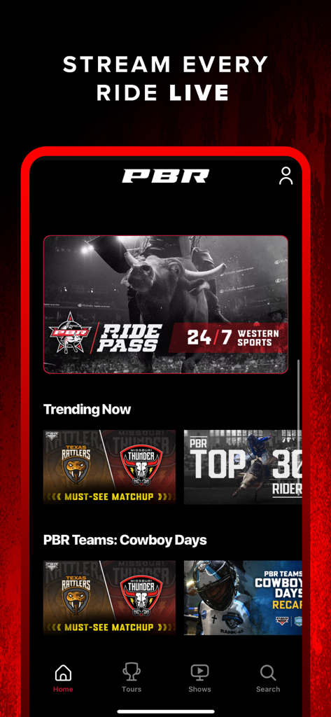 PBR - La pantalla de inicio de la aplicación de PBR que muestra transmisiones en vivo de bull riding y contenido de deportes del oeste de tendencia