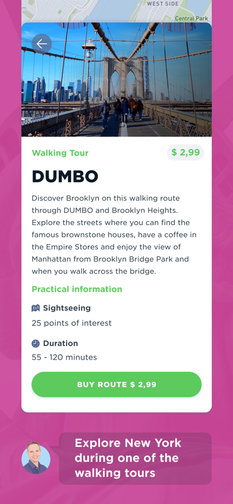 Details page of the Eric's New York app showing a walking tour of DUMBO and Brooklyn Heights with an image of the Brooklyn Bridge