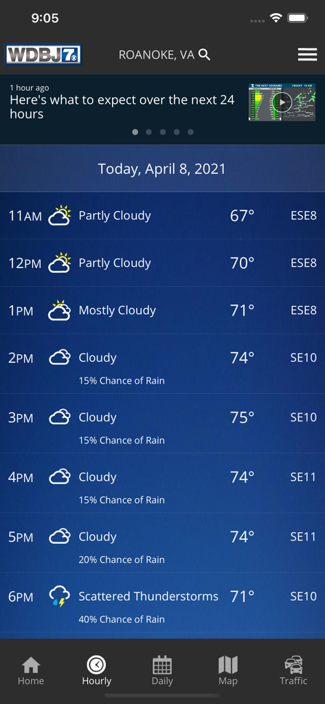 WDBJ7 Weather & Traffic - WDBJ7 Weather app interface displaying an hourly weather forecast for Roanoke Virginia