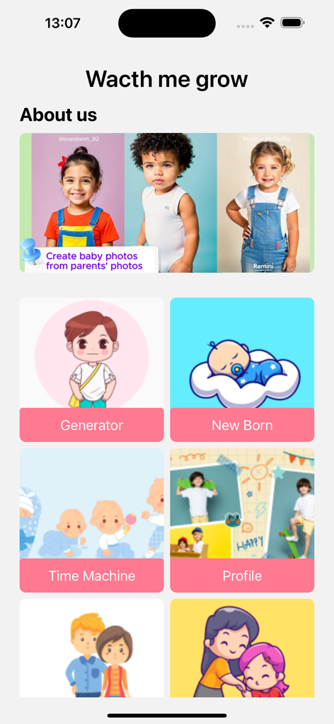 Watch Me Grow Baby Generator - Watch Me Grow app interface showing baby generator and time machine features