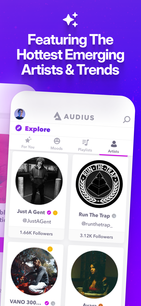 Audius music app explore section featuring trending independent artists