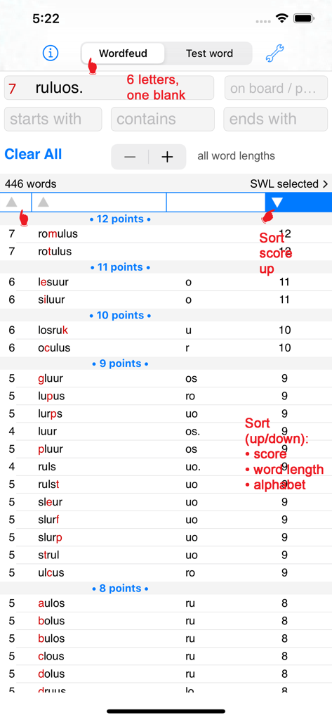 NL Woordvinder Wordfeud - Mobile interface showing a list of words with their corresponding scores for Wordfeud