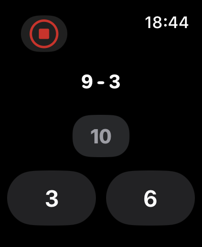 Aplicativo MathMagician mostrando um problema de subtração em um Apple Watch.