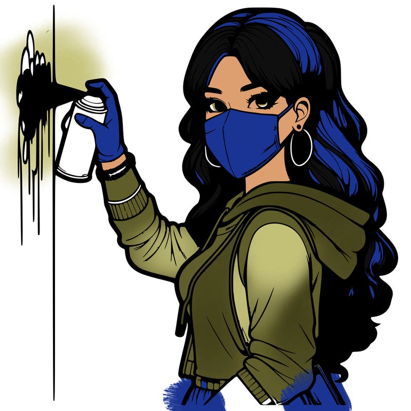 realistic girl with mask spray painting a wall