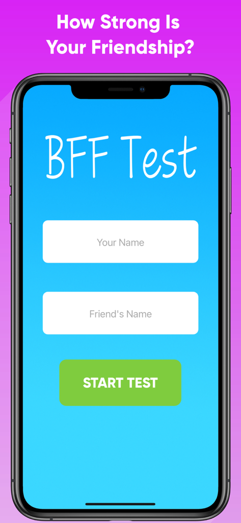 BFF Friendship Test - Quiz - Schermata principale dell'app BFF Friendship Test che mostra campi di inserimento per i nomi utente e un pulsante per avviare il test