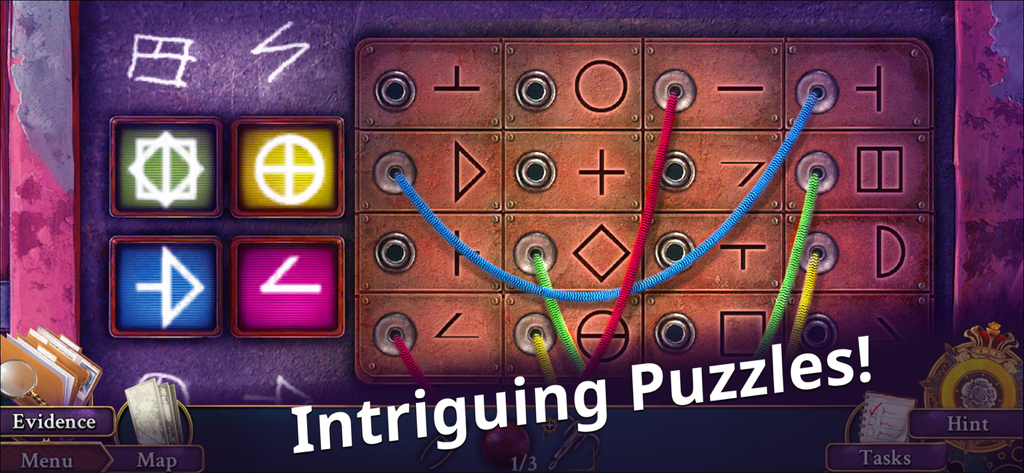 Unsolved: Hidden Mystery Games - Una pantalla de acertijo lógico del juego móvil Unsolved con cables de colores y símbolos antiguos en una rejilla metálica.