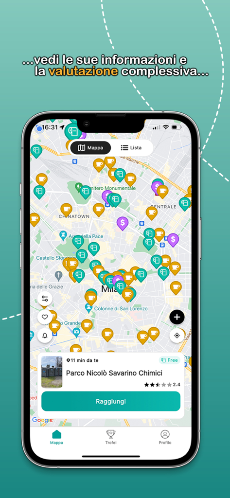 Uma tela de smartphone mostrando um mapa com locais de banheiros e um cartão de informações detalhado para um banheiro específico