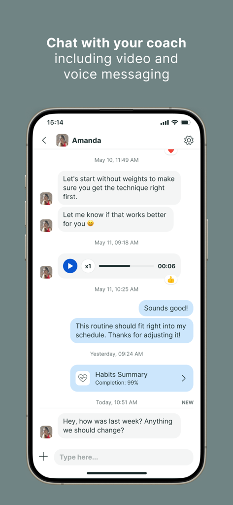 Chat interface in the Lenus eHealth app showing a conversation with a personal fitness coach including voice messages and habit summaries.