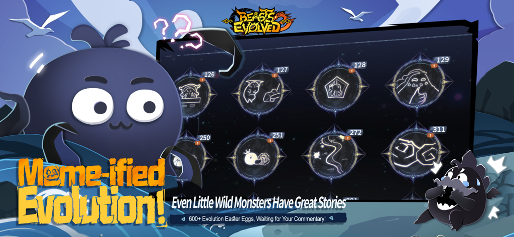 Beasts Evolved 2 game screenshot showing meme-ified evolution and a grid of monster themed easter eggs