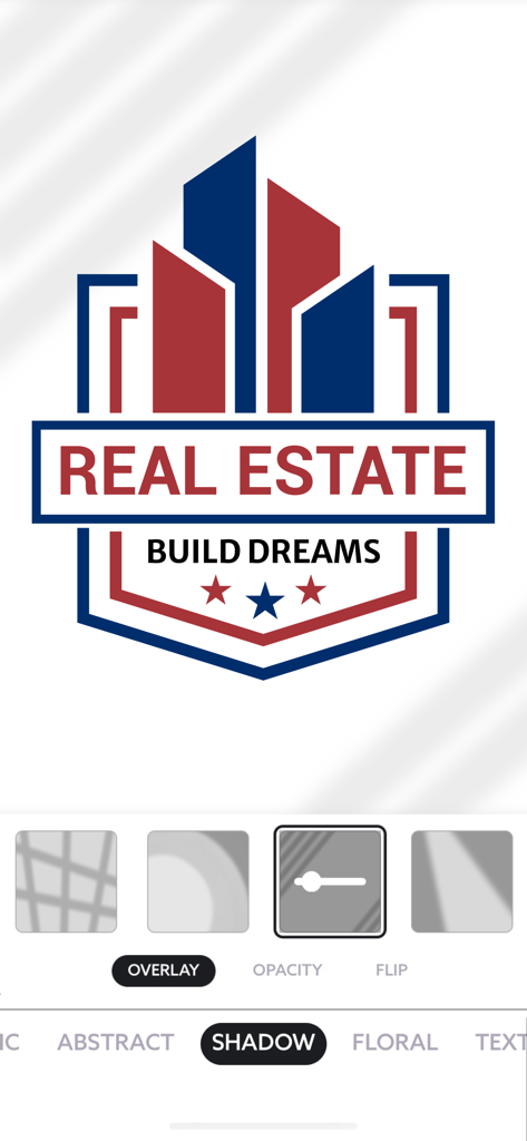AI Logo Maker + Logo Generator - Real estate logo design interface in AI Logo Maker app showing overlay and shadow editing tools
