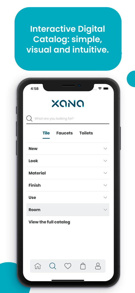 Xana digital catalog app interface showing product categories and search filters