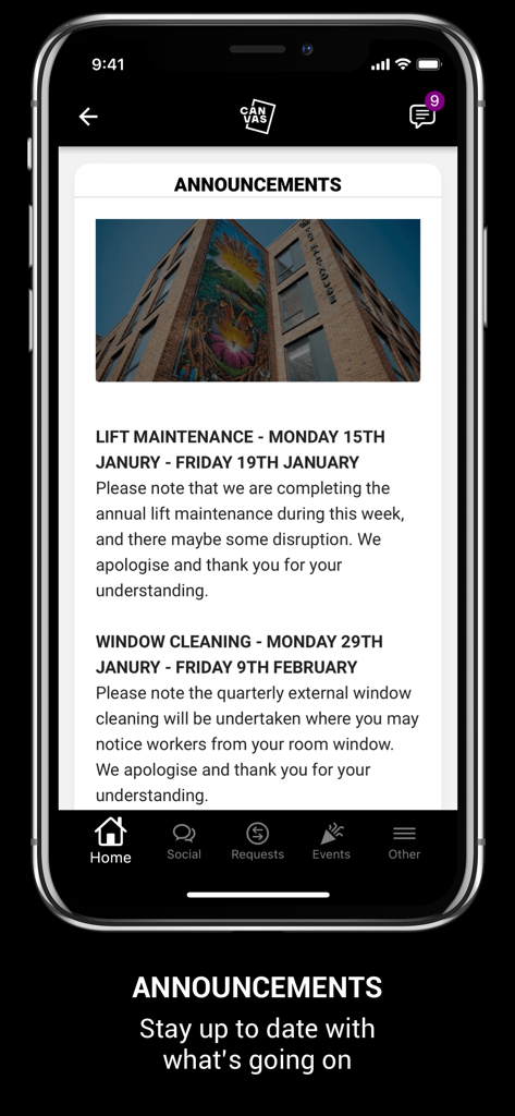 Resident announcements screen showing property maintenance updates in the My Canvas App