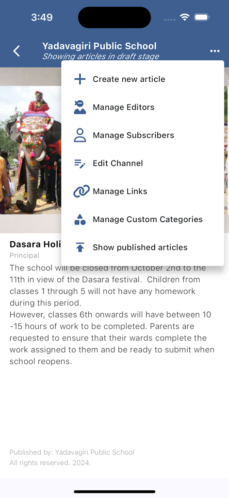Tikker News - Uma interface móvel do aplicativo Tikker News mostrando opções para gerenciar um canal de notícias, incluindo a criação de artigos e o gerenciamento de assinantes.